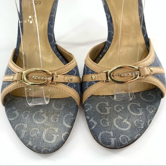 Guess promise heels 5.5 denim blue Jean rhinestone slip on slides Y2k vintage - Picture 3 of 13
